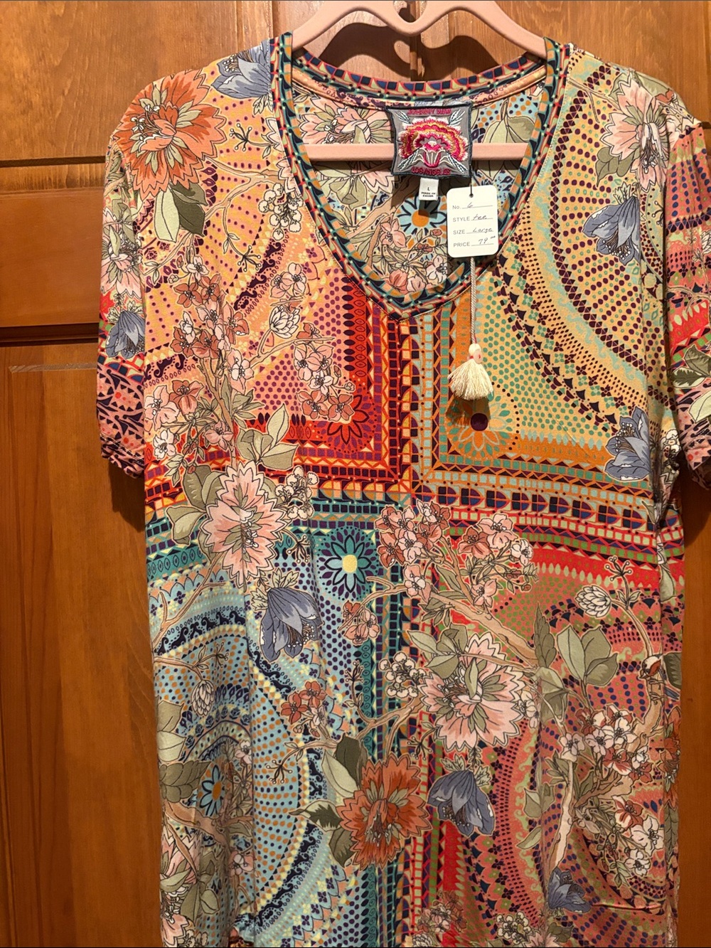 Johnny Was Multicolor Floral Patchwork V-Neck Tee